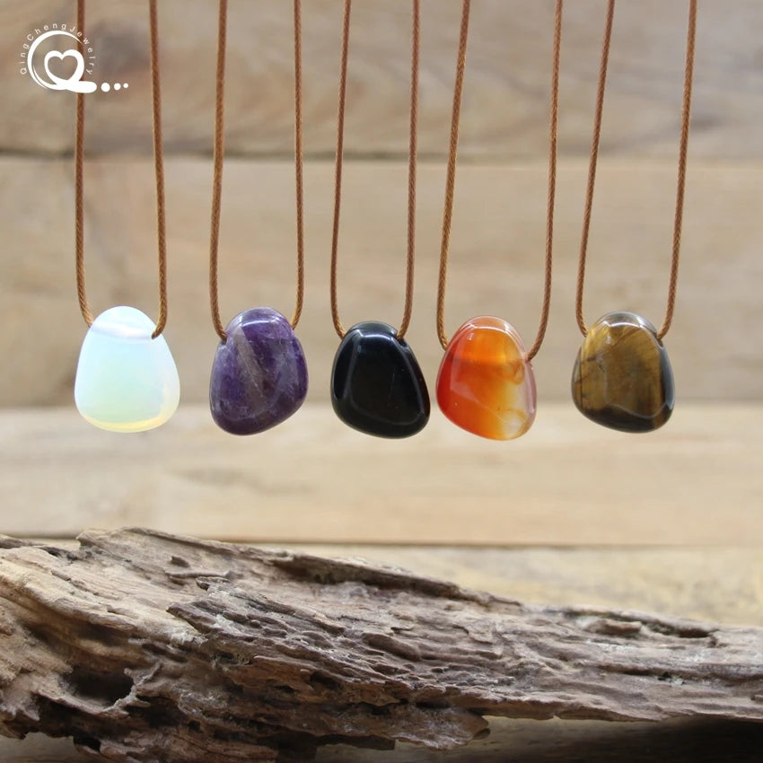 Natural Stone Nugget Pendant Necklace Healing Crystal Lapis Amethyst Tiger eye Aventurine Rose Quartz Opal Charms Jewelry QC3360