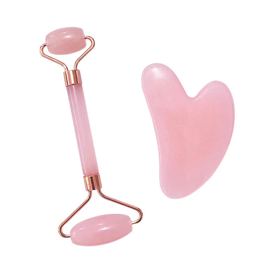 New Anti Aging Natural Jade Stone Massage Set Gua Sha Scraper Rose Quartz Jade Face Roller Double-ended Face and Neck Massager