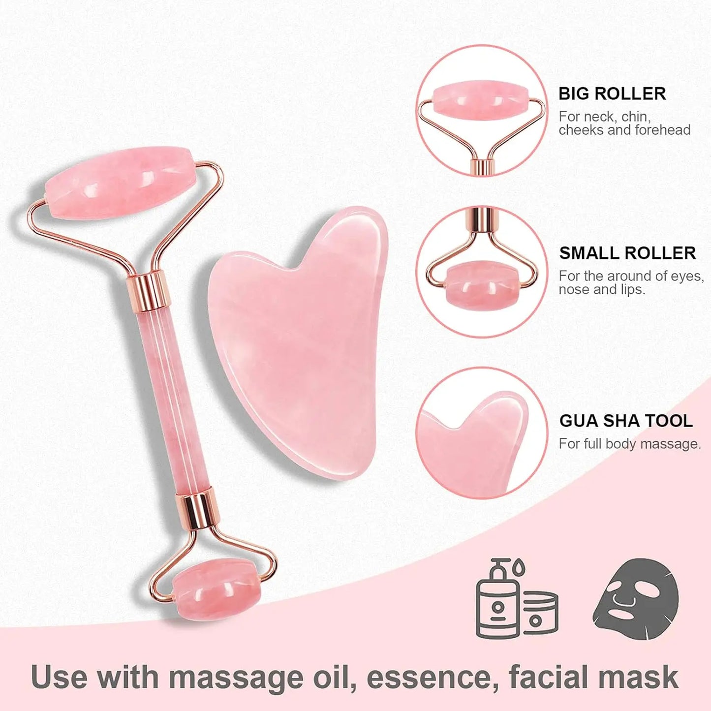 New Anti Aging Natural Jade Stone Massage Set Gua Sha Scraper Rose Quartz Jade Face Roller Double-ended Face and Neck Massager